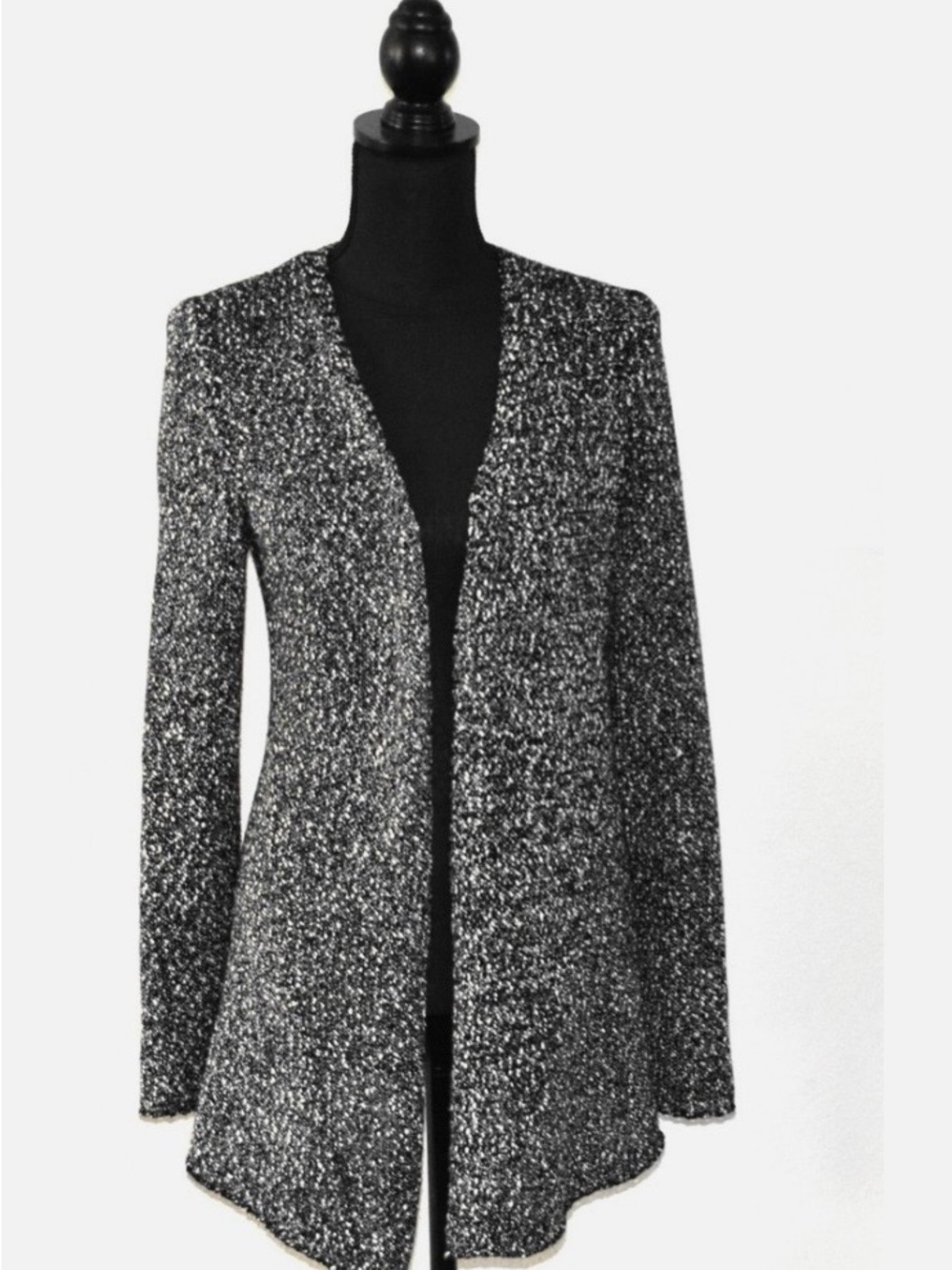 Eileen Fisher Black and White Marled Open-Front Sweater